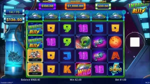 Tampilan visual permainan slot Invaders Blitz dengan tema invasi alien dan sapi luar angkasa.