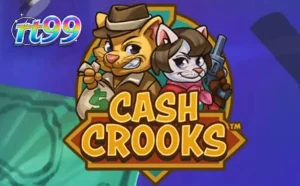 Tampilan visual slot Cash Crooks dengan tema kucing pencuri dan brankas emas.